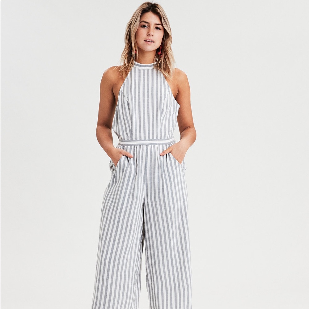 American Eagle Gray Stripe Jumpsuit XL NWT